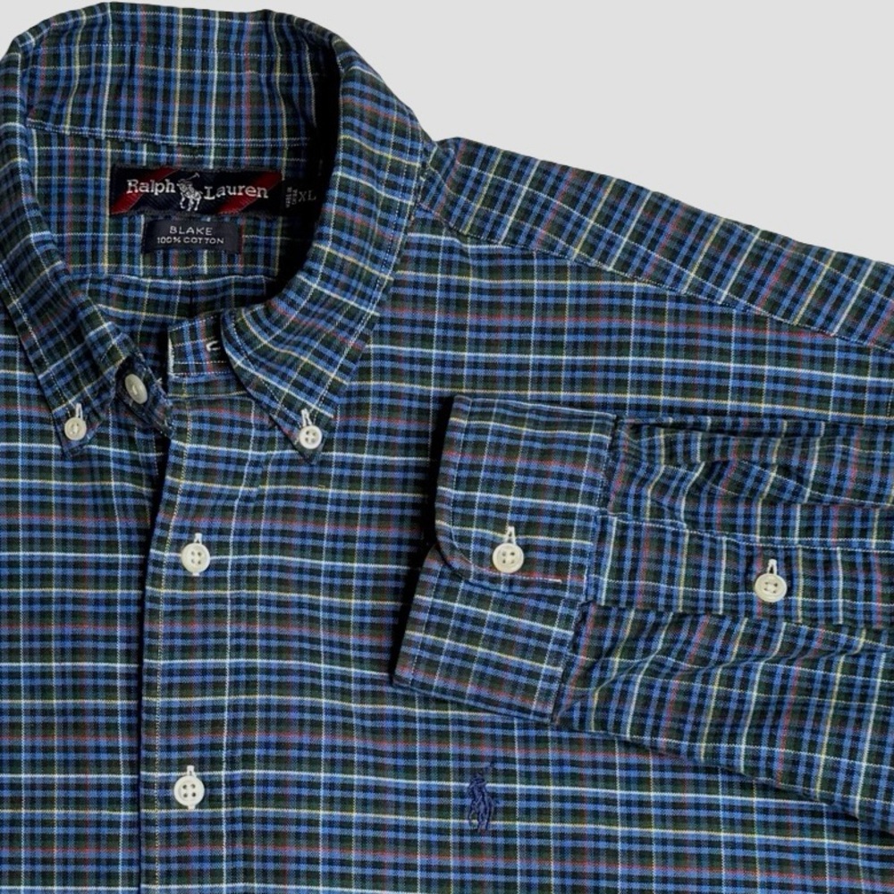Ralph Lauren Blake Plaid Button Down 100% Cotton‎ Shirt Blue Green Mens Sz XL